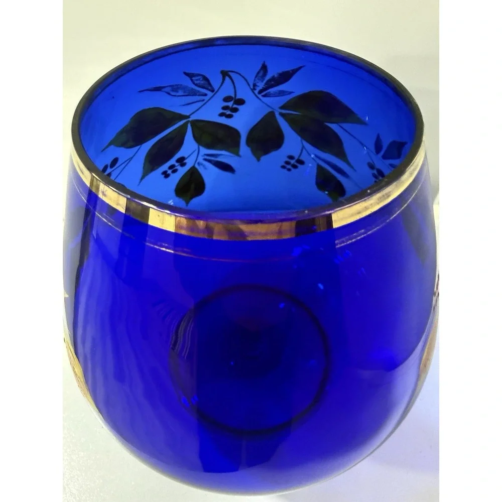 Bohemian Czech Cobalt Blue Cut To Clear Hand Painted Floral Dish Gold Trim